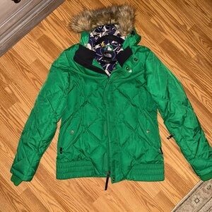 North face Green Quilted Women's snow Jacket with Faux Fur Hood